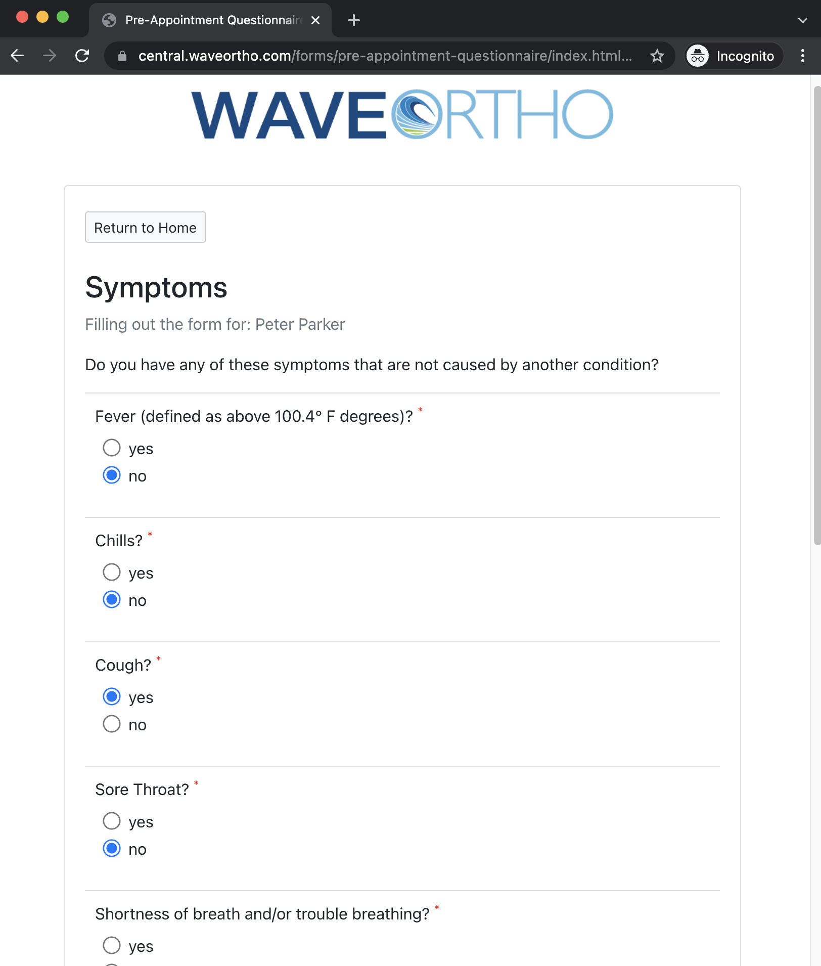 A browser-screenshot of a questionnaire being filled out, asking about the patient's recent symptoms